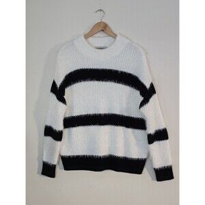 Fuzzy Sweater Women Size Medium Turtleneck Striped Ivory Black
